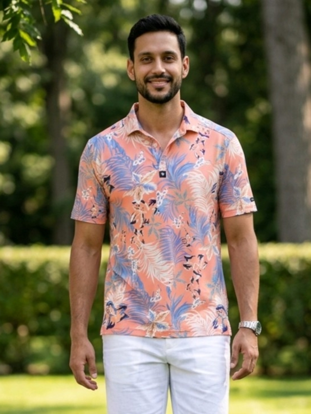 Bad Birdie Golf Polo Men's Large Tropical Floral Shirt Coral & Blue EUC